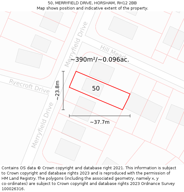 50, MERRYFIELD DRIVE, HORSHAM, RH12 2BB: Plot and title map