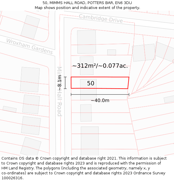 50, MIMMS HALL ROAD, POTTERS BAR, EN6 3DU: Plot and title map