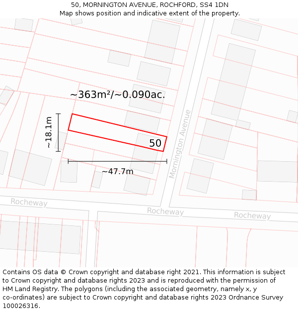 50, MORNINGTON AVENUE, ROCHFORD, SS4 1DN: Plot and title map