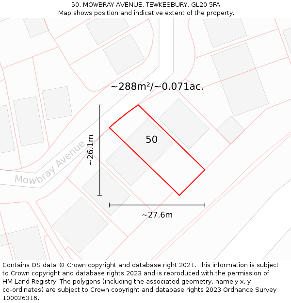 50, MOWBRAY AVENUE, TEWKESBURY, GL20 5FA: Plot and title map