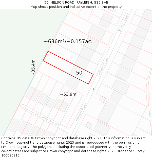 50, NELSON ROAD, RAYLEIGH, SS6 8HB: Plot and title map