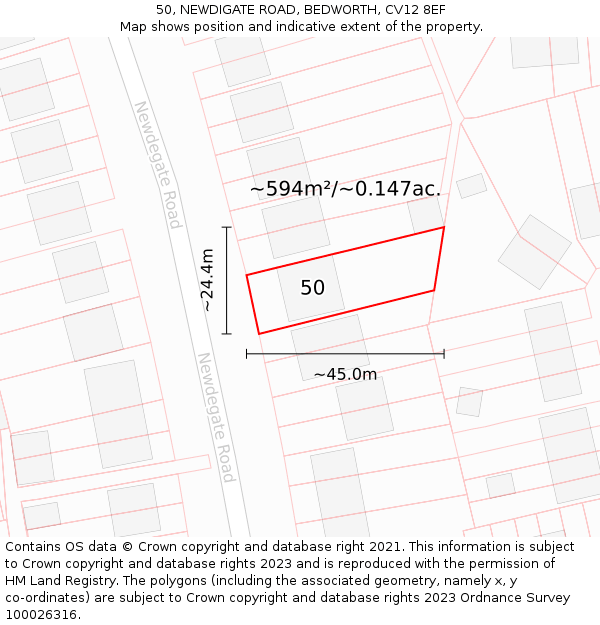 50, NEWDIGATE ROAD, BEDWORTH, CV12 8EF: Plot and title map