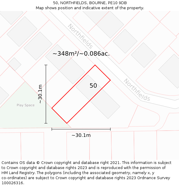 50, NORTHFIELDS, BOURNE, PE10 9DB: Plot and title map