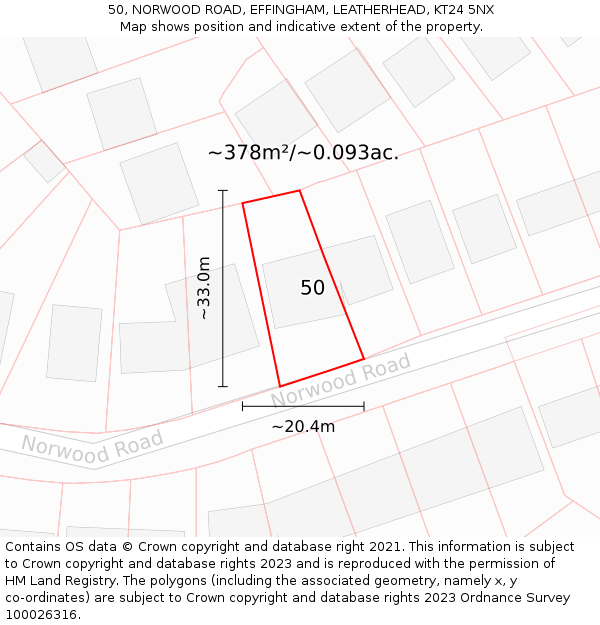 50, NORWOOD ROAD, EFFINGHAM, LEATHERHEAD, KT24 5NX: Plot and title map