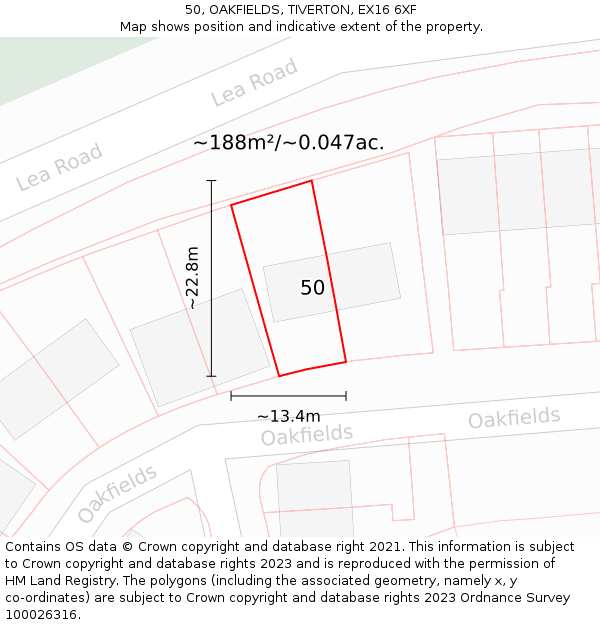 50, OAKFIELDS, TIVERTON, EX16 6XF: Plot and title map