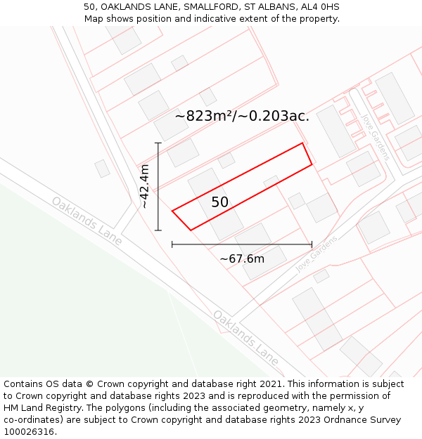 50, OAKLANDS LANE, SMALLFORD, ST ALBANS, AL4 0HS: Plot and title map