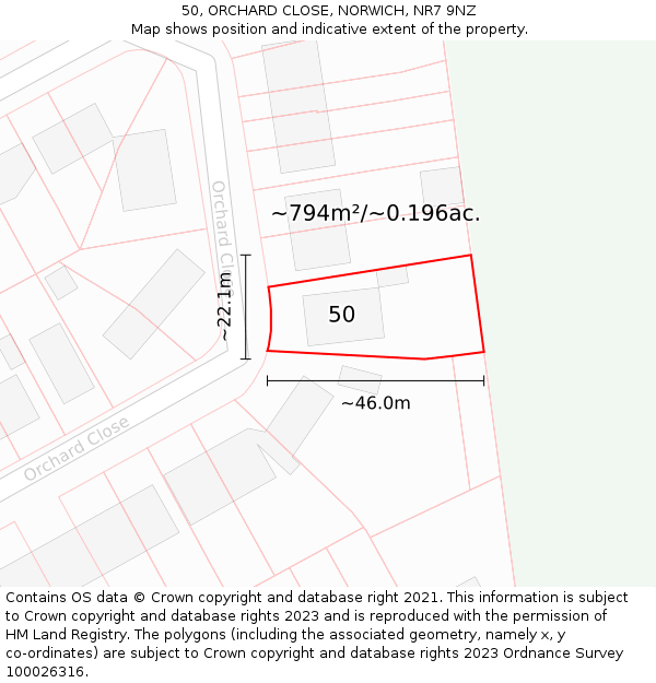 50, ORCHARD CLOSE, NORWICH, NR7 9NZ: Plot and title map