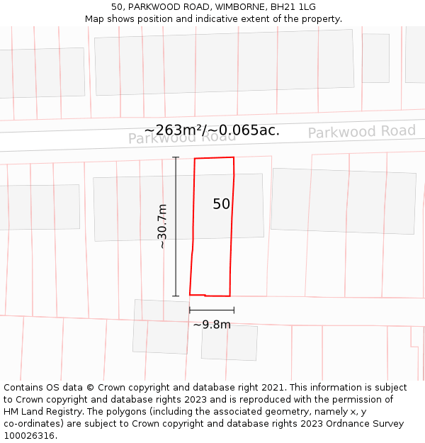 50, PARKWOOD ROAD, WIMBORNE, BH21 1LG: Plot and title map