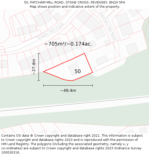 50, PATCHAM MILL ROAD, STONE CROSS, PEVENSEY, BN24 5PA: Plot and title map