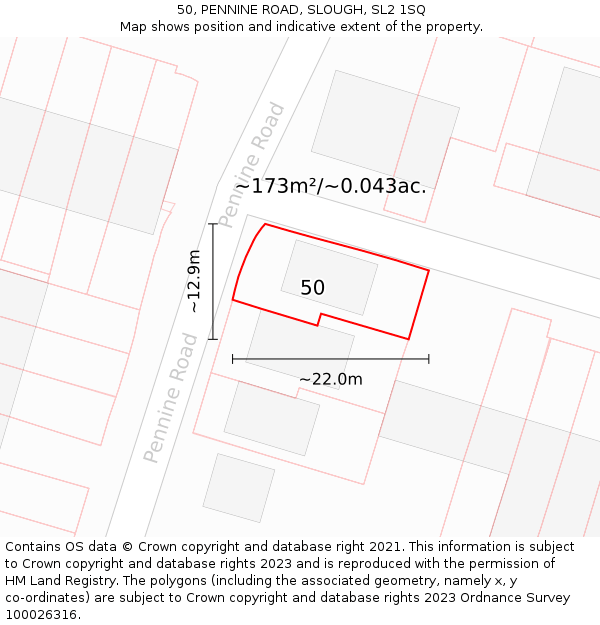 50, PENNINE ROAD, SLOUGH, SL2 1SQ: Plot and title map