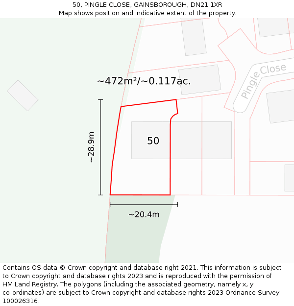 50, PINGLE CLOSE, GAINSBOROUGH, DN21 1XR: Plot and title map