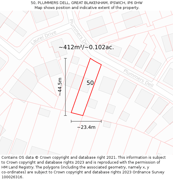 50, PLUMMERS DELL, GREAT BLAKENHAM, IPSWICH, IP6 0HW: Plot and title map