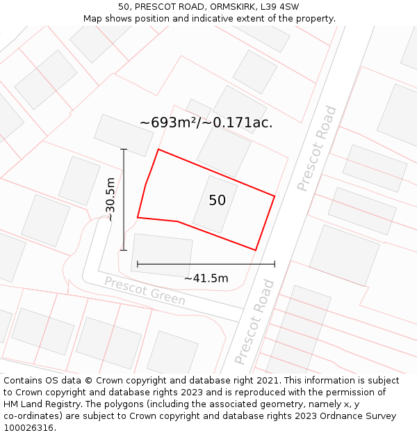 50, PRESCOT ROAD, ORMSKIRK, L39 4SW: Plot and title map
