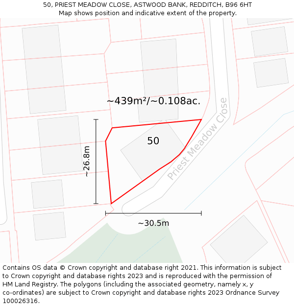 50, PRIEST MEADOW CLOSE, ASTWOOD BANK, REDDITCH, B96 6HT: Plot and title map