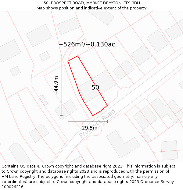 50, PROSPECT ROAD, MARKET DRAYTON, TF9 3BH: Plot and title map