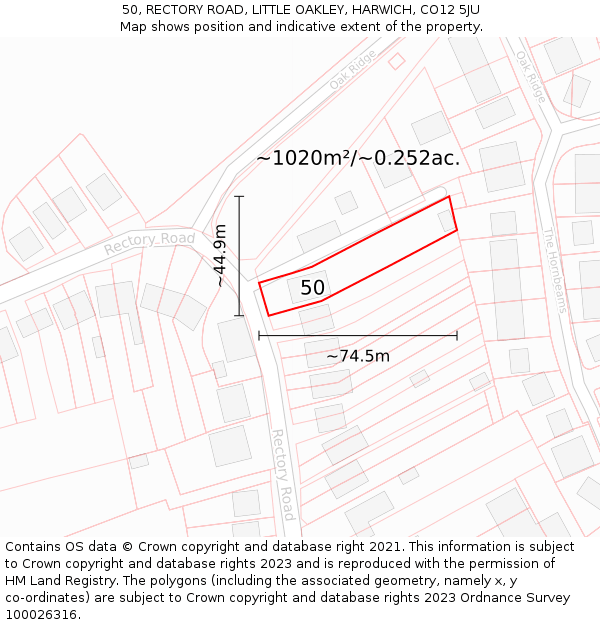 50, RECTORY ROAD, LITTLE OAKLEY, HARWICH, CO12 5JU: Plot and title map