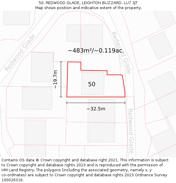 50, REDWOOD GLADE, LEIGHTON BUZZARD, LU7 3JT: Plot and title map