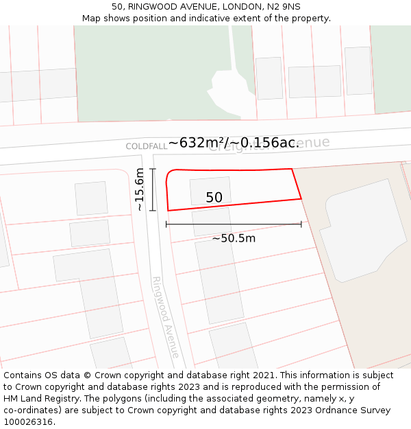 50, RINGWOOD AVENUE, LONDON, N2 9NS: Plot and title map
