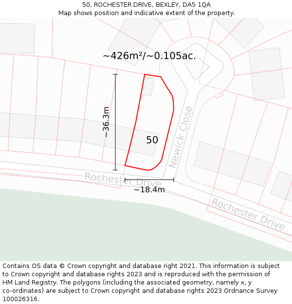 50, ROCHESTER DRIVE, BEXLEY, DA5 1QA: Plot and title map