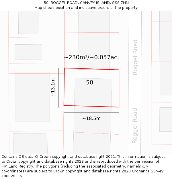 50, ROGGEL ROAD, CANVEY ISLAND, SS8 7HN: Plot and title map