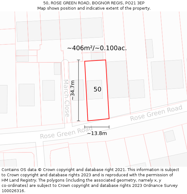 50, ROSE GREEN ROAD, BOGNOR REGIS, PO21 3EP: Plot and title map