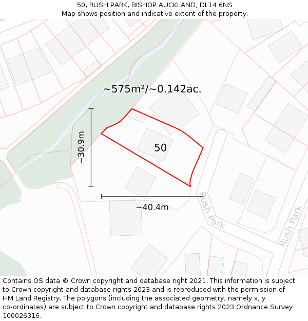 50, RUSH PARK, BISHOP AUCKLAND, DL14 6NS: Plot and title map