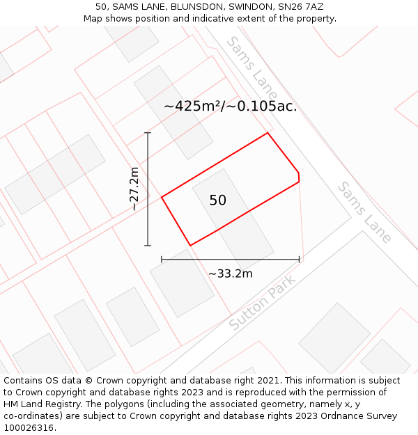 50, SAMS LANE, BLUNSDON, SWINDON, SN26 7AZ: Plot and title map