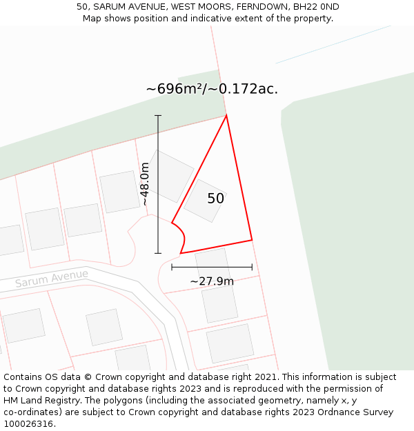 50, SARUM AVENUE, WEST MOORS, FERNDOWN, BH22 0ND: Plot and title map