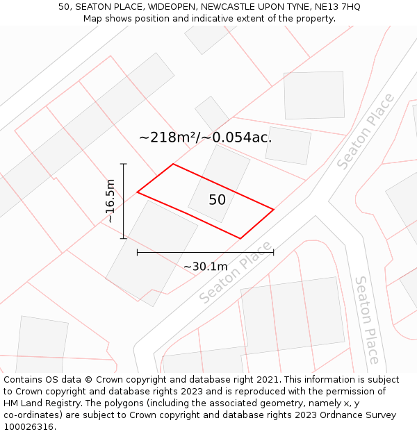 50, SEATON PLACE, WIDEOPEN, NEWCASTLE UPON TYNE, NE13 7HQ: Plot and title map