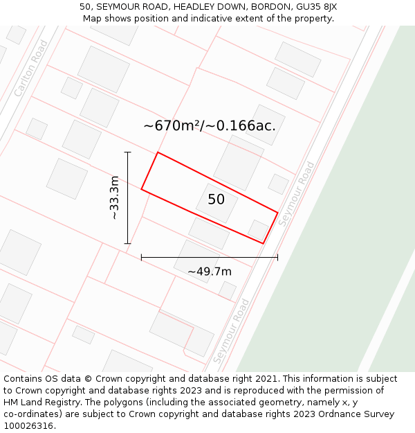 50, SEYMOUR ROAD, HEADLEY DOWN, BORDON, GU35 8JX: Plot and title map