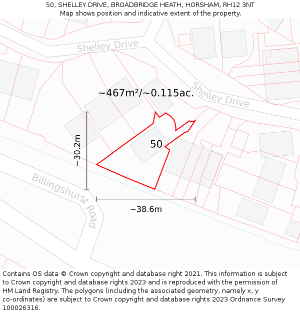 50, SHELLEY DRIVE, BROADBRIDGE HEATH, HORSHAM, RH12 3NT: Plot and title map