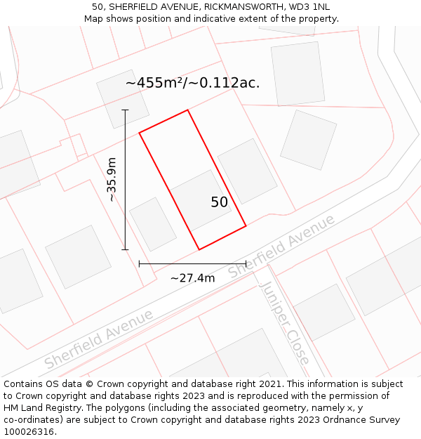 50, SHERFIELD AVENUE, RICKMANSWORTH, WD3 1NL: Plot and title map