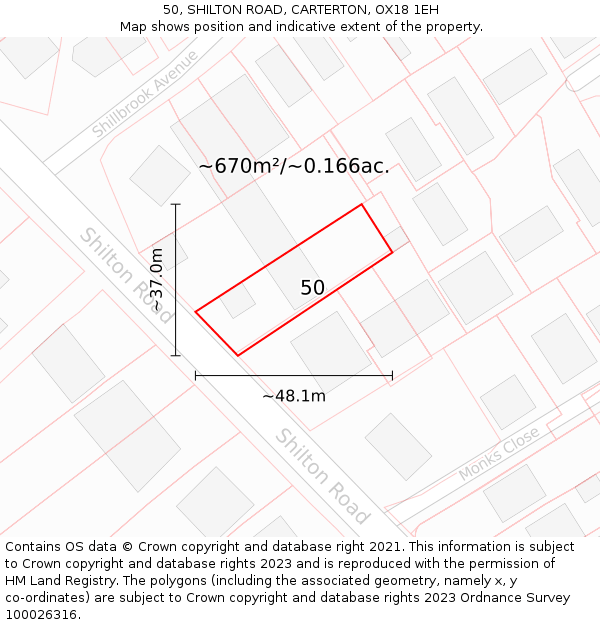 50, SHILTON ROAD, CARTERTON, OX18 1EH: Plot and title map