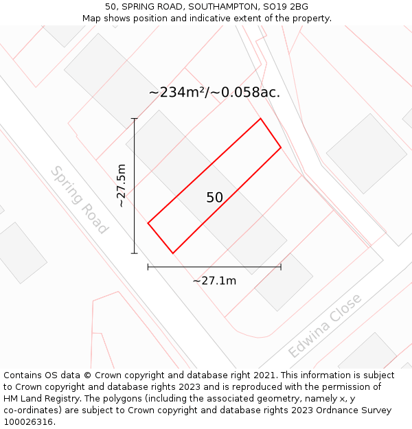 50, SPRING ROAD, SOUTHAMPTON, SO19 2BG: Plot and title map