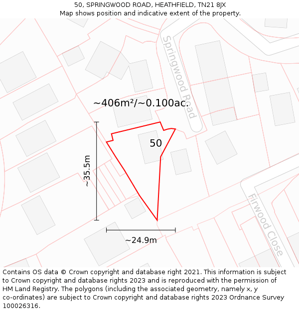 50, SPRINGWOOD ROAD, HEATHFIELD, TN21 8JX: Plot and title map