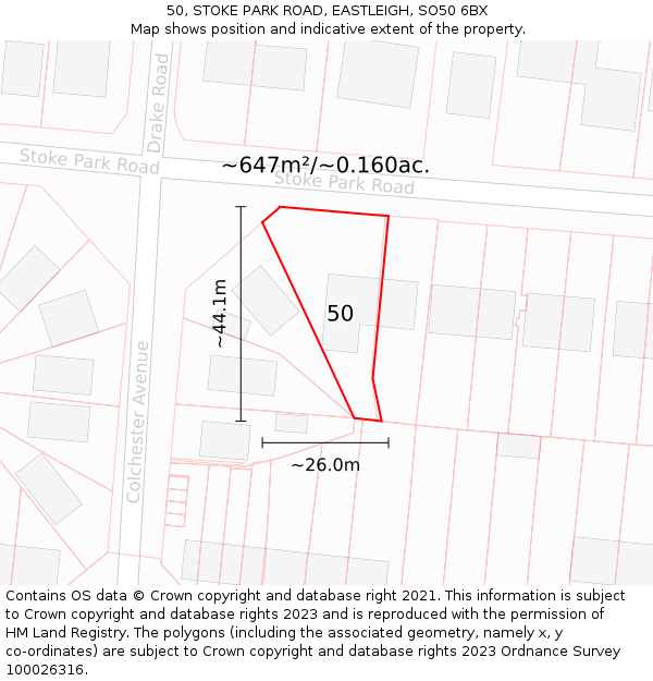 50, STOKE PARK ROAD, EASTLEIGH, SO50 6BX: Plot and title map