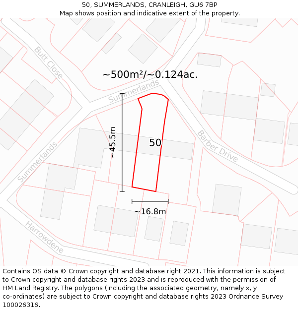 50, SUMMERLANDS, CRANLEIGH, GU6 7BP: Plot and title map