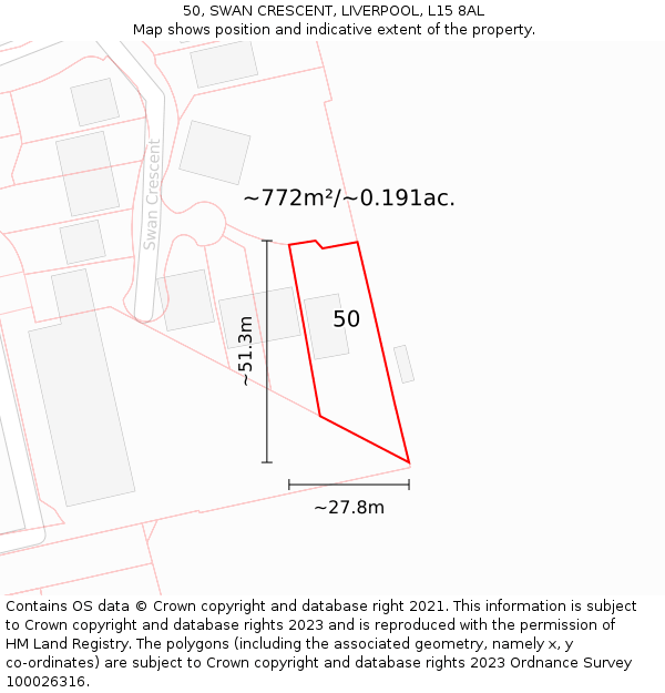 50, SWAN CRESCENT, LIVERPOOL, L15 8AL: Plot and title map
