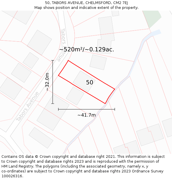 50, TABORS AVENUE, CHELMSFORD, CM2 7EJ: Plot and title map