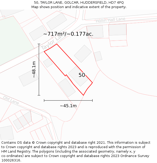 50, TAYLOR LANE, GOLCAR, HUDDERSFIELD, HD7 4PQ: Plot and title map