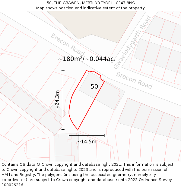 50, THE GRAWEN, MERTHYR TYDFIL, CF47 8NS: Plot and title map