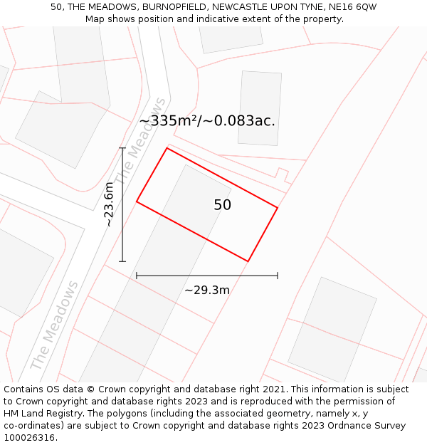 50, THE MEADOWS, BURNOPFIELD, NEWCASTLE UPON TYNE, NE16 6QW: Plot and title map