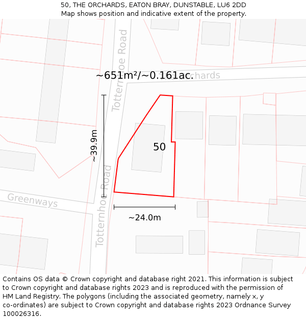 50, THE ORCHARDS, EATON BRAY, DUNSTABLE, LU6 2DD: Plot and title map