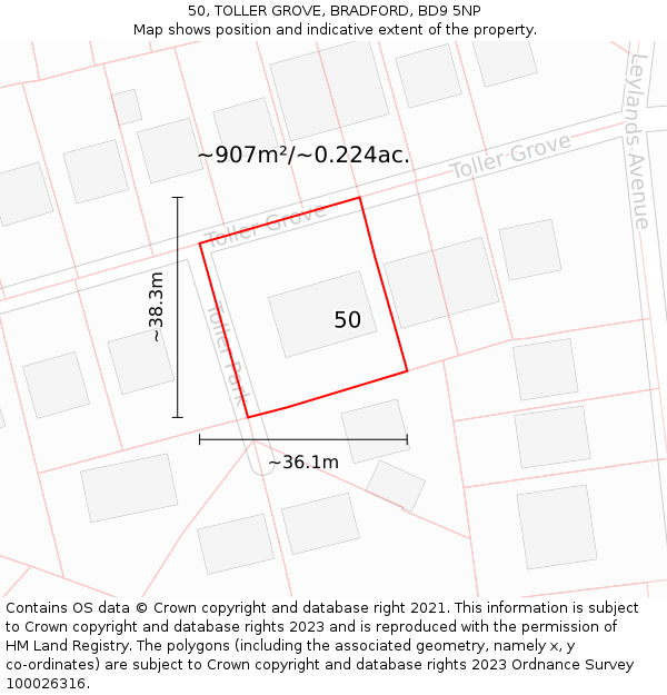 50, TOLLER GROVE, BRADFORD, BD9 5NP: Plot and title map