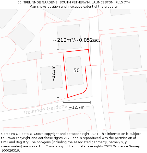 50, TRELINNOE GARDENS, SOUTH PETHERWIN, LAUNCESTON, PL15 7TH: Plot and title map