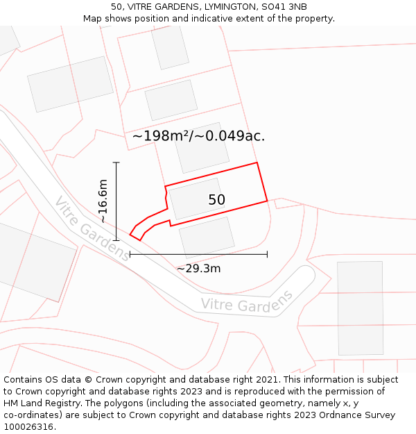 50, VITRE GARDENS, LYMINGTON, SO41 3NB: Plot and title map