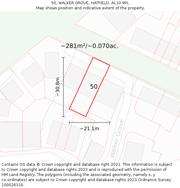 50, WALKER GROVE, HATFIELD, AL10 9PL: Plot and title map