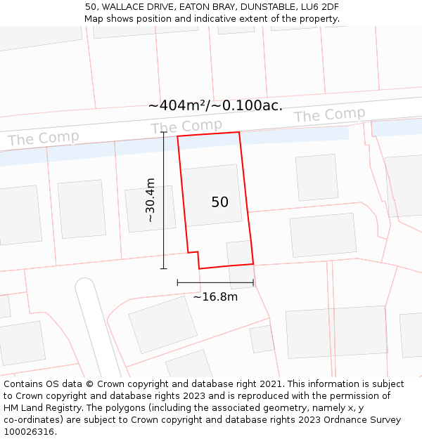 50, WALLACE DRIVE, EATON BRAY, DUNSTABLE, LU6 2DF: Plot and title map