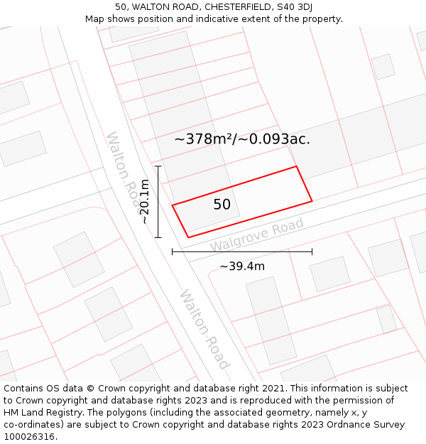 50, WALTON ROAD, CHESTERFIELD, S40 3DJ: Plot and title map