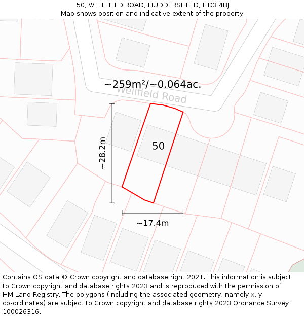 50, WELLFIELD ROAD, HUDDERSFIELD, HD3 4BJ: Plot and title map